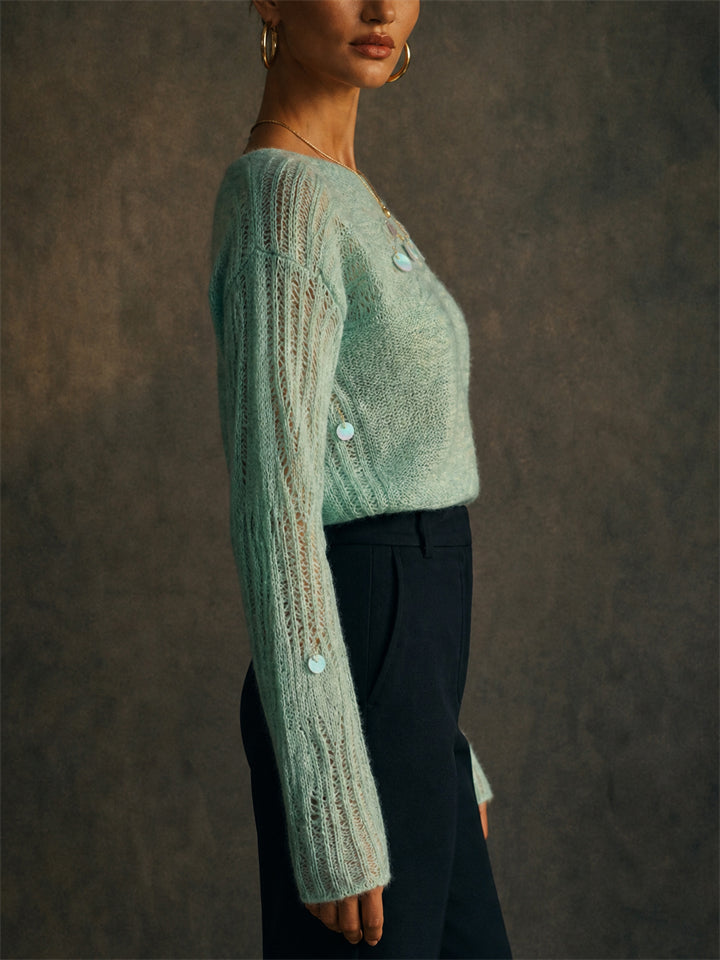 Womens Sequin Pointelle Knit Sweater Fuzzy Open Work Top