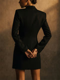 Women Black Rhinestone Sequins Fringe Blazer Mini Dress