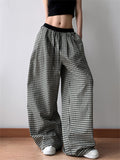 Retro Women's Black and Whiite Plaid Drawstring Wide Leg Straight Pants
