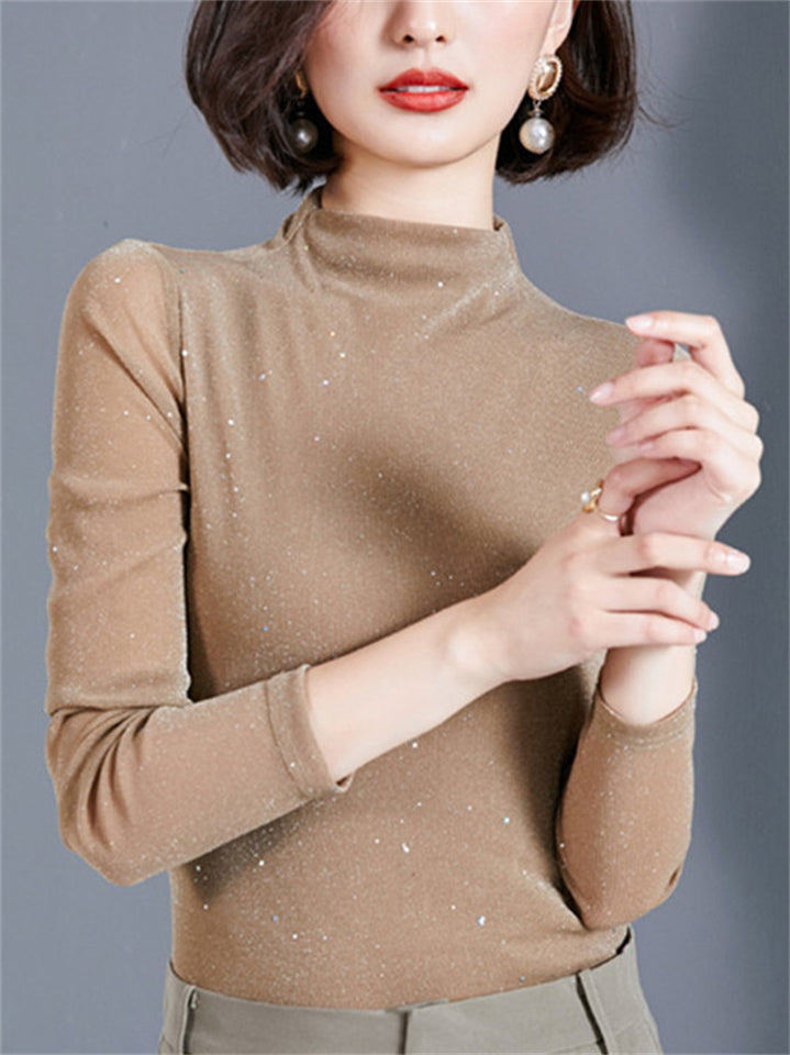 Women's High Neck Bling Solid Color Long-sleeve Undershirt