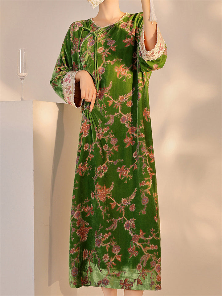 Chinese Style 3/4 Sleeve Retro Jacquard Beads Split Dress for Women