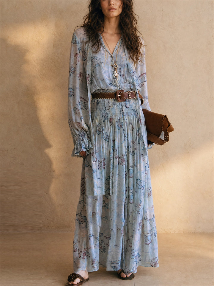 Women ELegant Blue Floral Boho V Neck Long Sleeve Flowy Maxi Dress