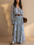 Women ELegant Blue Floral Boho V Neck Long Sleeve Flowy Maxi Dress