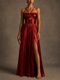 Women Metallic Pleated Backless High Slit Evening Gown