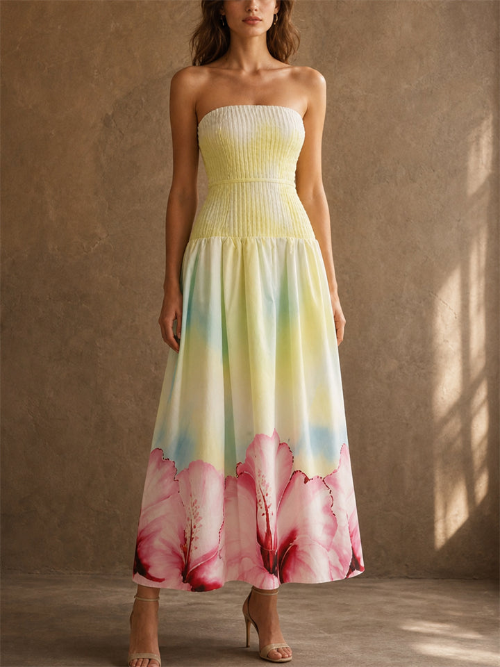 Women Strapless Smocked Hibiscus Print Tropical Maxi Dress