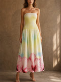 Women Strapless Smocked Hibiscus Print Tropical Maxi Dress