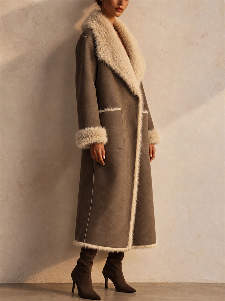 Women Faux Suede Reversible Long Winter Overcoat with Faux Fur Trim