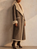 Women Faux Suede Reversible Long Winter Overcoat with Faux Fur Trim