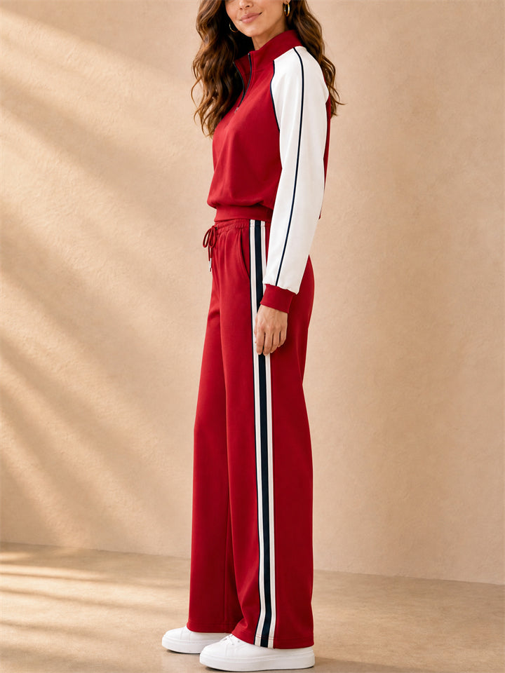 Women Lounge Wear Half Zip Red Stripe Tracksuit Set