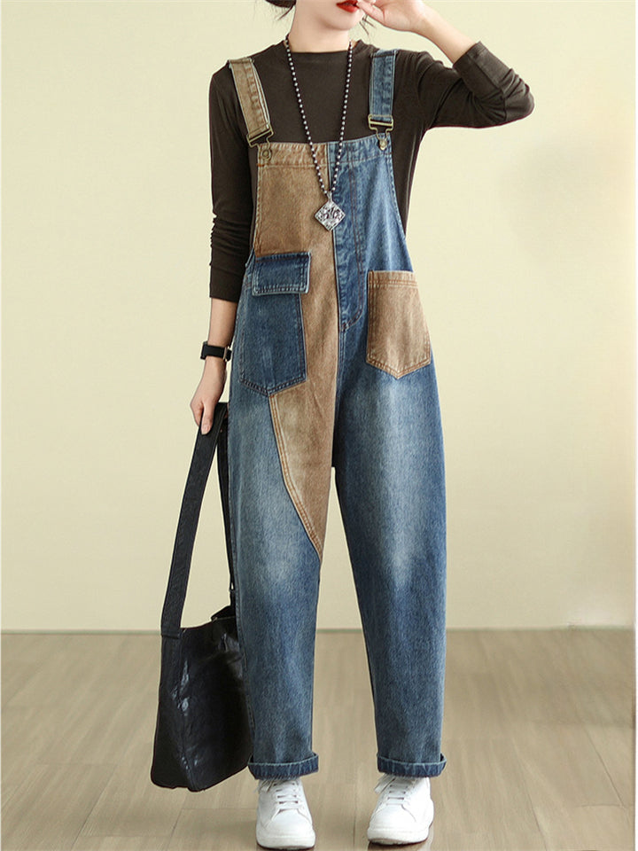 Women's Contrast Color Pockets Loose Overall Denim Jumpsuits