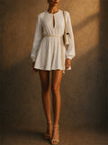 Women Long Sleeve Keyhole Mini Dress with Rope Belt