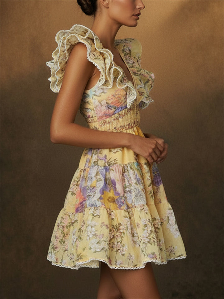Women Floral V Neck Ruffle Sleeve Backless Boho Mini Dress