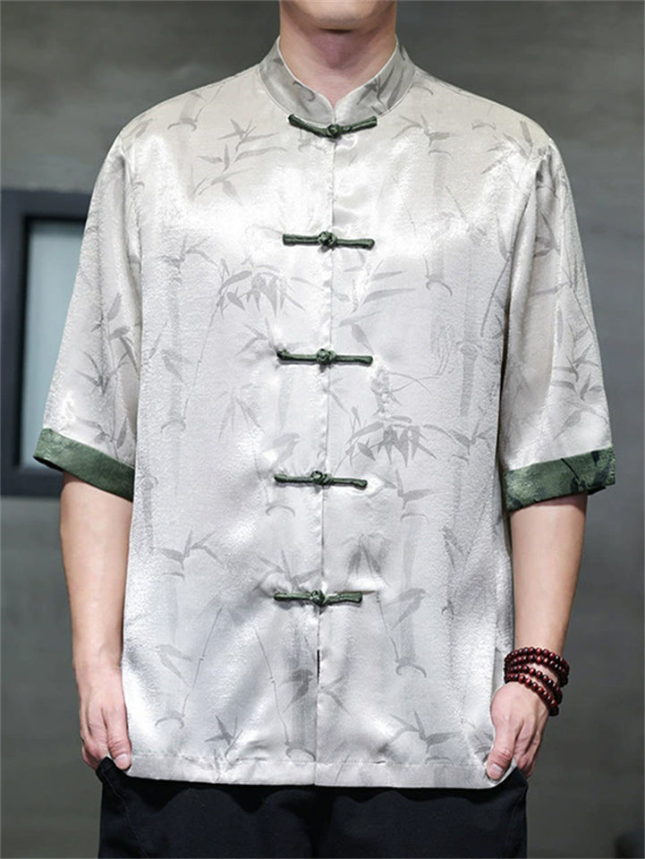Men's Bamboo Print Cool Tang Suit Short Sleeve Chinese Style Shirts