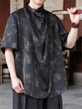 Men's Summer Black Cool Leaves Print Turtleneck Pile Collar Shirt