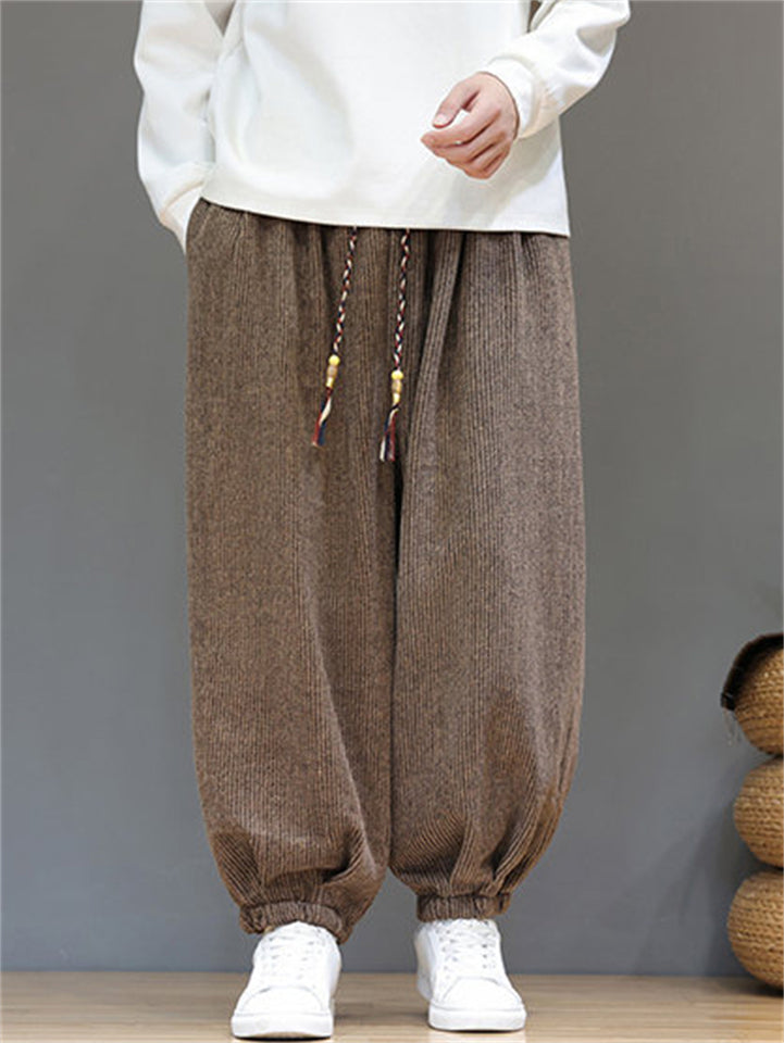 Autumn Vintage Drawstring Corduroy Loose Fit Bloomer Pants for Men