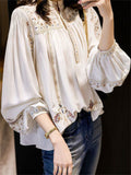 Women's Comfy Stand Collar Long Sleeve Print Boho Shirt