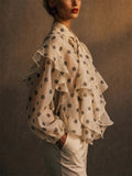 Women French Style Polka Dots Heart Print Ruffle Lantern Sleeve Blouse