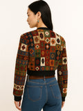 Vintage Ethnic Style Jacquard Knit Round Neck Crop Length Jackets