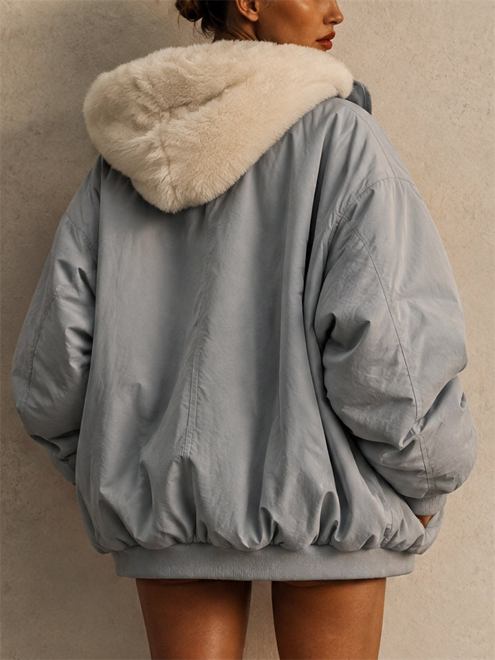 Women Reversible Zip Up Oversized Winter Fleece Coat