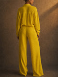 Women Casual Pleated 2 Piece Button Down Shirt and Wide Leg Pants Set