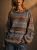 Women Oversized Striped Sequin Fuzzy Knit Casual Sweater