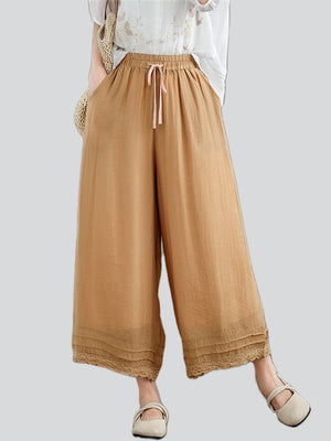 Double Lining Lace Hem Women's Elegant Wide-leg Pants