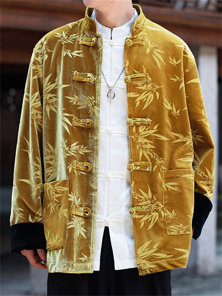 Men Chinese Style Autumn Contrast Color Bamboo Leaf Velvet Jackets