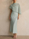 Womens Elegant Chiffon Capelet Overlay Wedding Guest Midi Dress