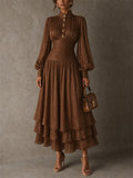 Women High Neck Long Sleeve Ruched Tiered Metallic Maxi Dress