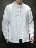 Men Chinese Style Linen Cotton Stand Collar Long Sleeve Shirts