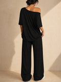 Womens Casual Two Piece Off Shoulder Top and Wide Leg Pants Set