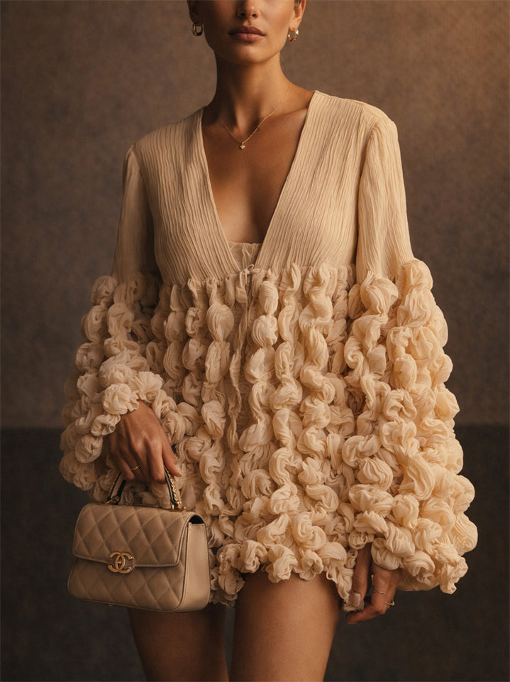Womens V Neck Pleated Popcorn Textured Flare Sleeve Blouse