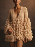 Womens V Neck Pleated Popcorn Textured Flare Sleeve Blouse