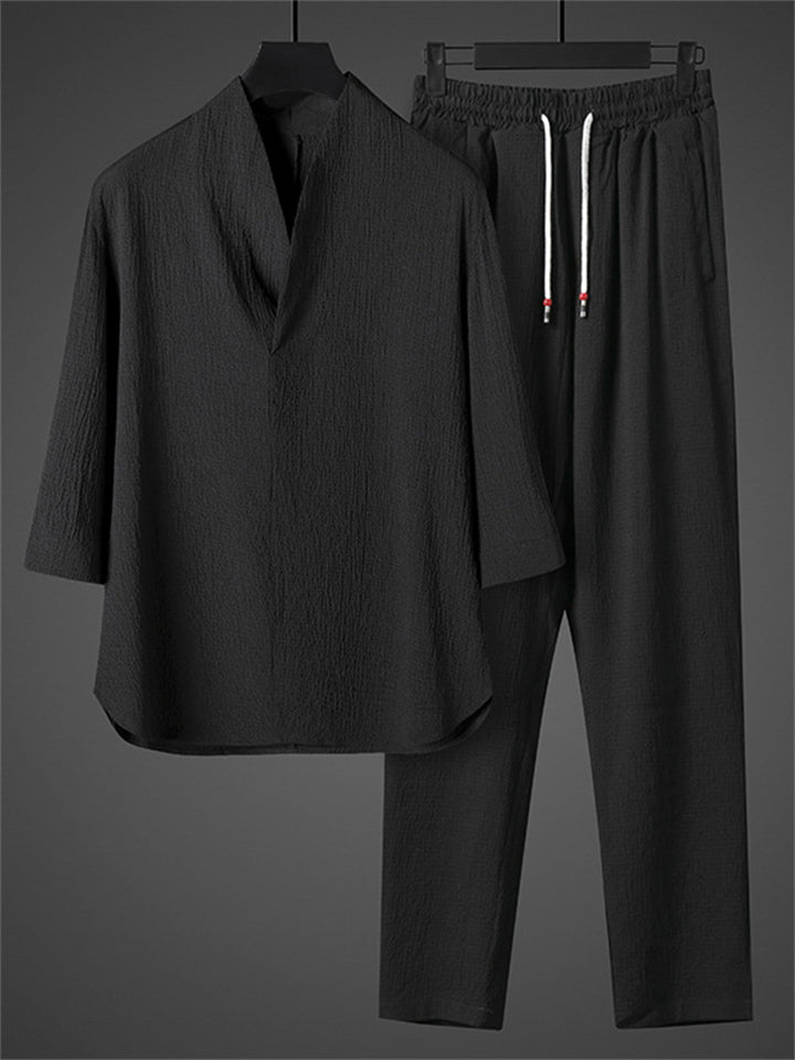 Men's 2Pcs Cool Zen Style Stand Collar Half Sleeve Solid Color Outfits