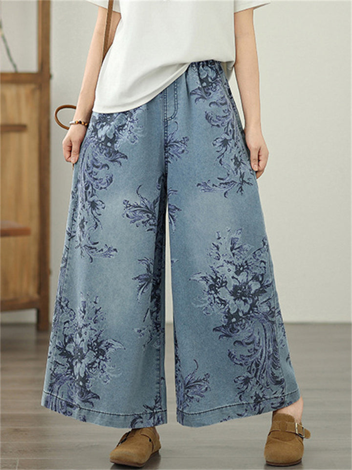 Summer Women's Flowers Print Wide Leg Jeans