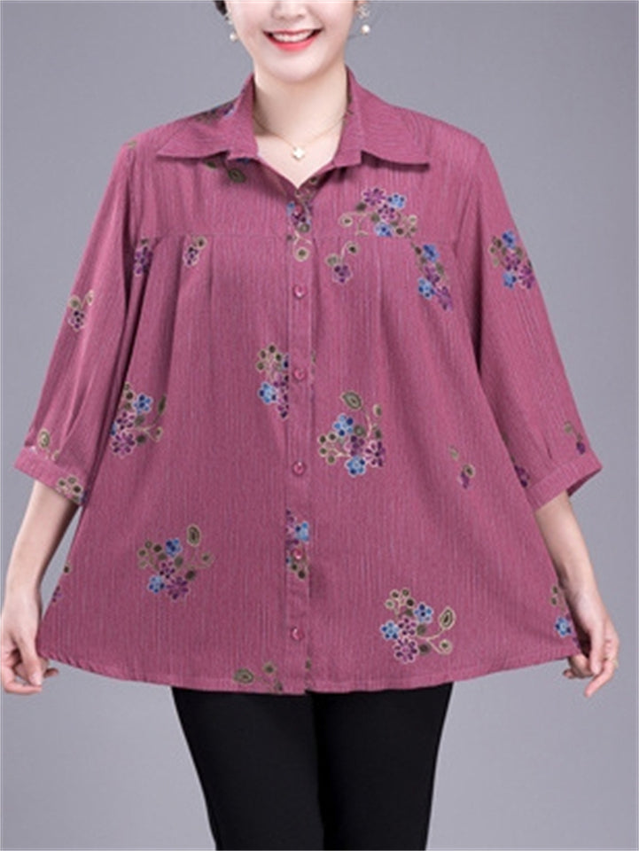 Elegant Plus Size Summer Print Lapel Shirt for Women