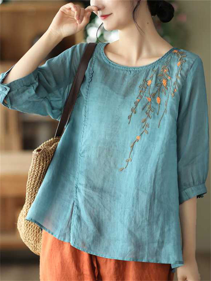 Summer Cotton Linen Embroidery Half Sleeve Shirt for Women