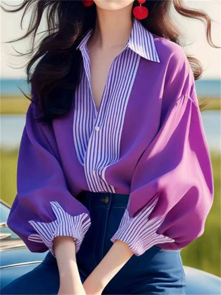 Women's Purple Striped Patchwork Lapel Lantern Long Sleeve Shirts