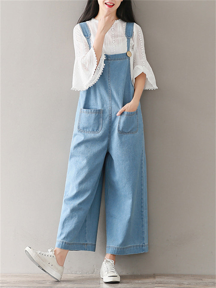 Female Solid Color Wide Leg Demin Overall Cropped Jumpsuits