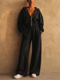 Women Exposed Seams Cropped Zip Hoodie and Wide Leg Pants Lounge Set