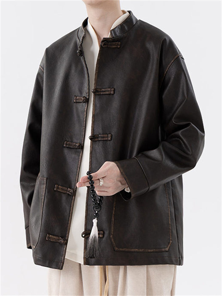 Men's Autumn Chinese Style Faux Leather Pockets Frog Button Coats