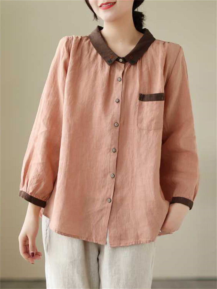 Ladies Embroidered Collar Loose Fit Casual Shirt