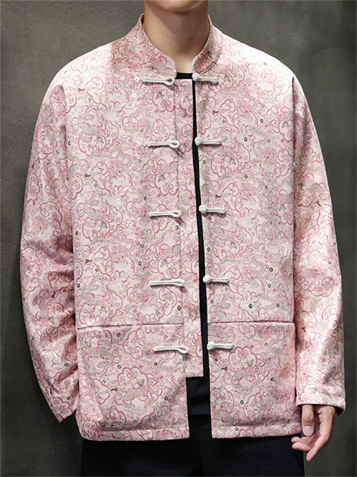 Men's Pink Frog Button Chinese Style Printed Tang Suit Kung Fu Jackets
