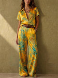 Women Boho Holiday Paisley Short Sleeve Wide Leg 2 Piece Set