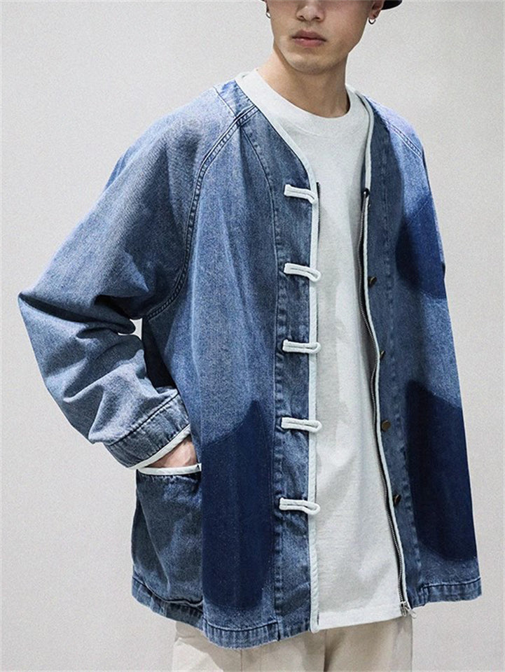 Retro Cotton Collarless Frog Button Denim Jacket for Men