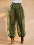 Women High Waist Sheer Mesh Lantern Pants Pleated with Shorts