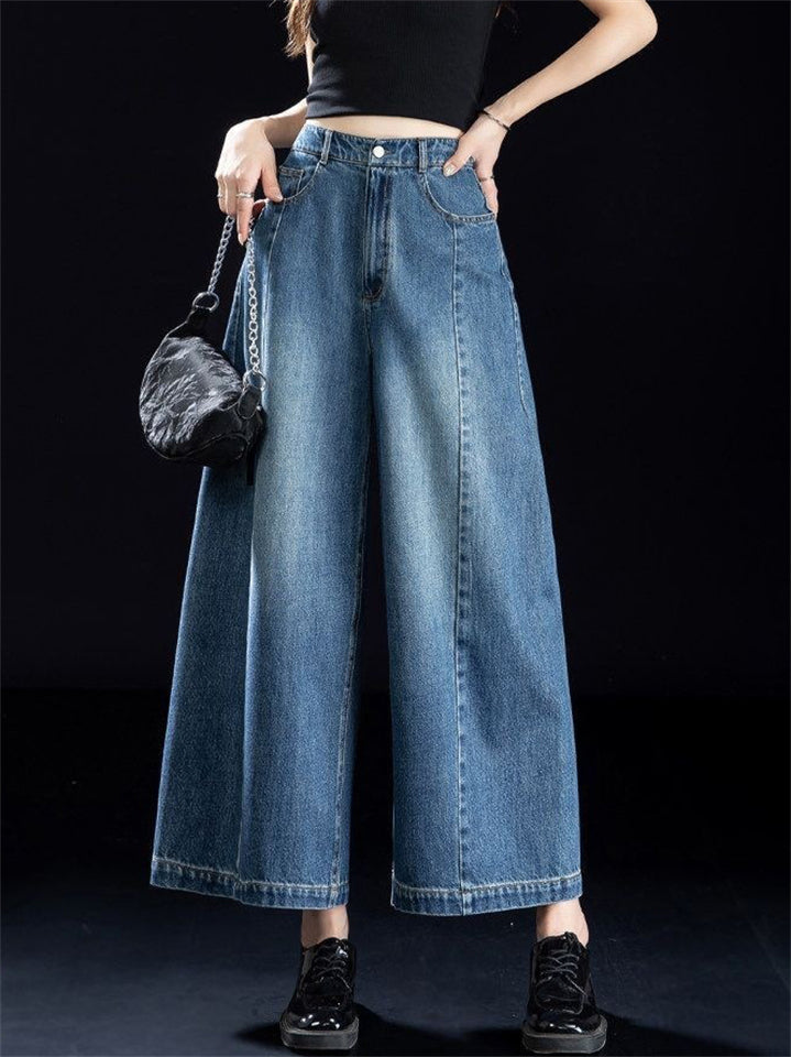 Women High Waist Seam Detail Wide Leg Jeans Baggy Denim