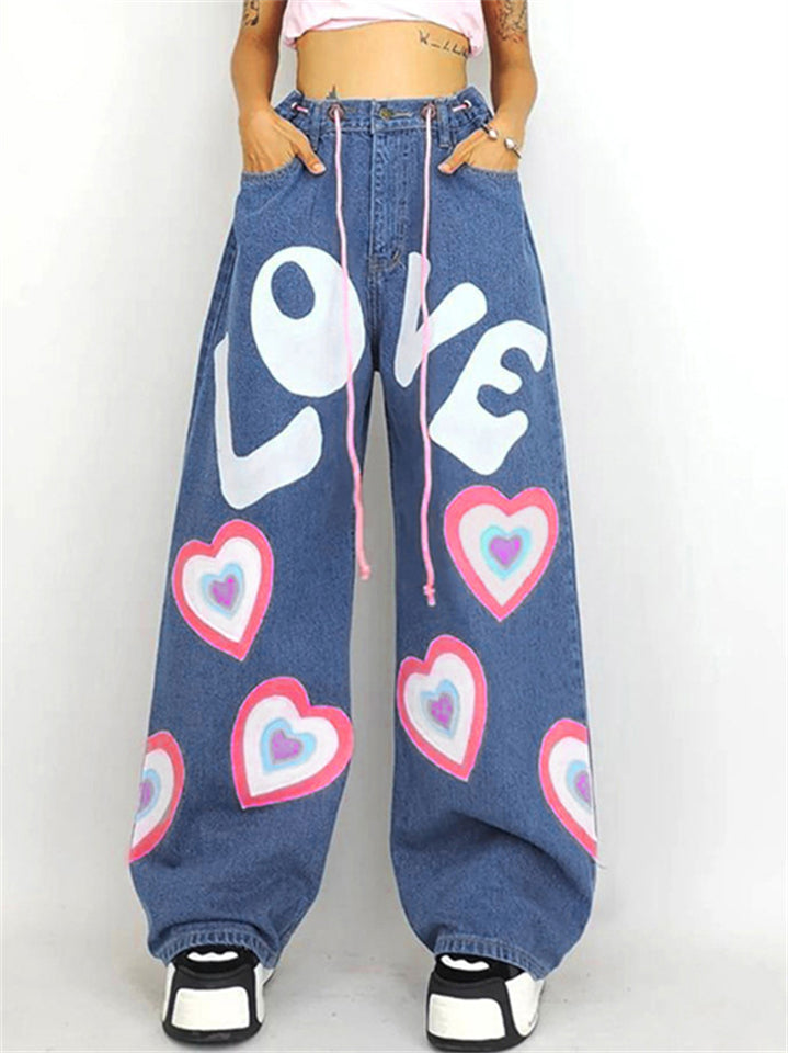 Women's Trendy LOVE Hearts Print Loose Wide Leg Jeans