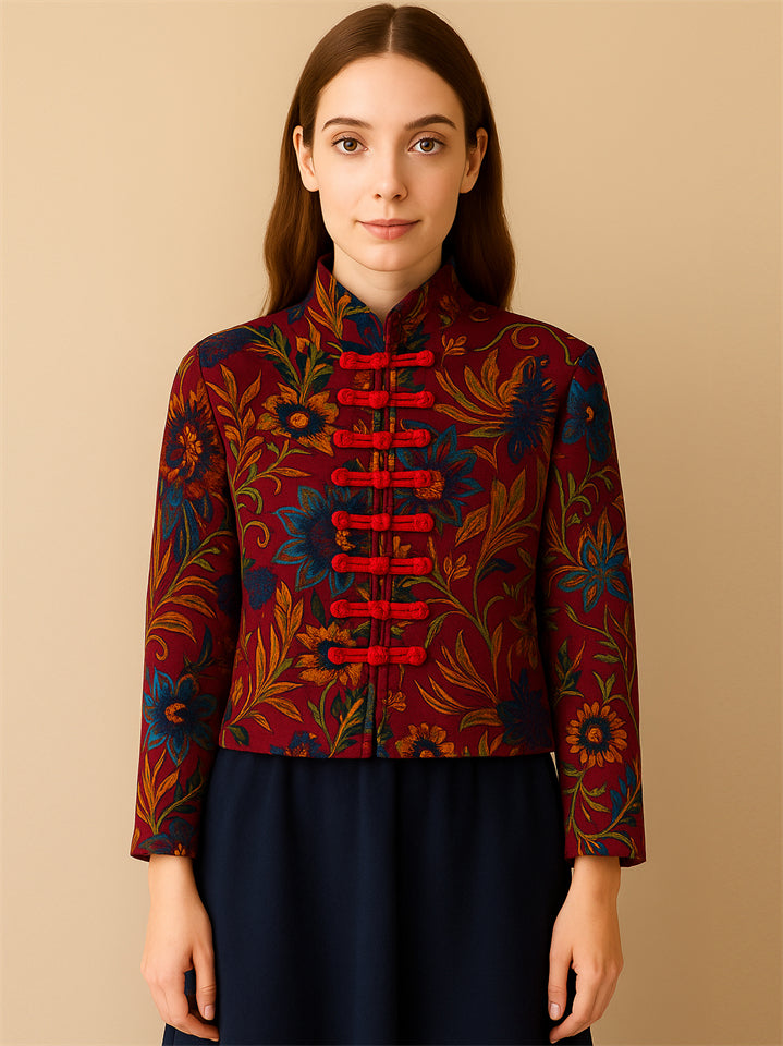 Women's Retro Autumn Ethnic Style Printed Stand Collar Jackets