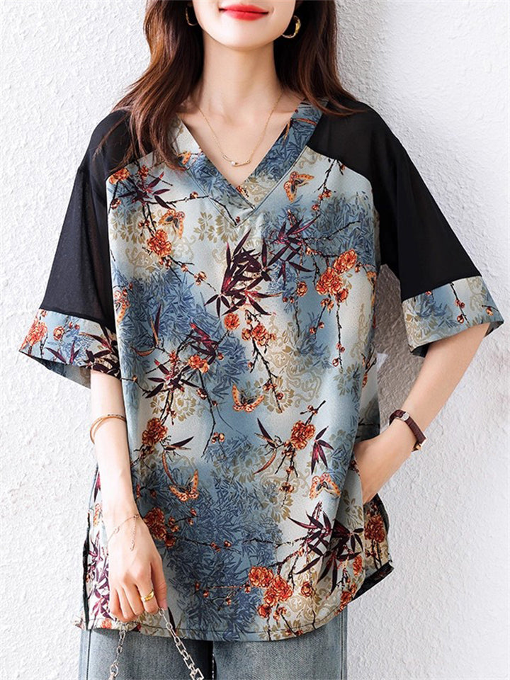 Plus Size Women's Leaves Printed Patchwork V Neck Half Sleeve Shirts
